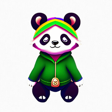 cute panda wearing rainbow hoodie outfit, transparent image, AI art.