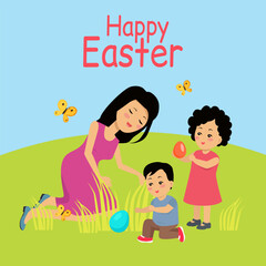 Obraz na płótnie Canvas Easter poster and banner with Easter eggs. Family holidays. Greetings presents for Easter Day with traditional attributes. Spring holiday. Design greeting card and invitation of Happy Easter day