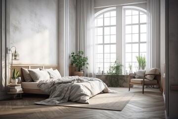 Luxurious bedroom with wooden floor, loft windows, light gray and white walls, a bed with an armchair next to it, and a poster. a mockup. Generative AI