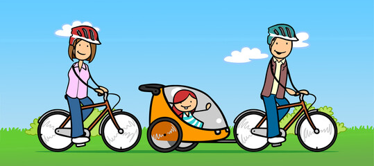 Fototapeta premium Familie beim Fahrrad fahren mit Anhänger in der Natur