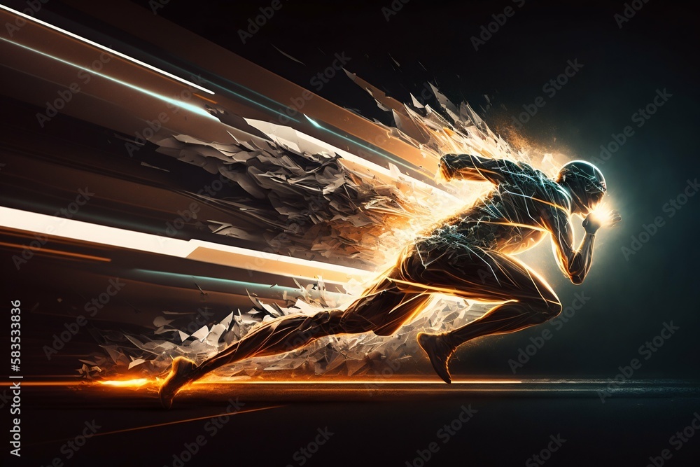 Poster a fast running runner leaves behind a speed light. generative ai