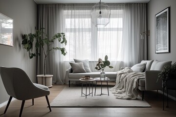 Naklejka na ściany i meble The living room's decor is in the Scandinavian style. In a house with gray walls, a minimalist sofa and armchair with pillows, a white table with a clear vase and dry plants, a little table with drink
