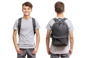 Student teen boy with backpack - set view front and back. Smiling schoolboy with hands in pockets, isolated on white. Happy child Back to school. - 583534462