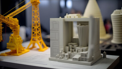 Building 3d print mockup. Illustration of prototyping architecture on a 3D printer. Generative AI