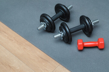 Obraz na płótnie Canvas Fitness concept. Sport mat, dumpbells. Workout in home gym