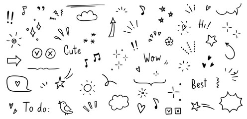 Doodle cute glitter pen line elements. Doodle heart, arrow, star, sparkle decoration symbol set icon. Simple sketch line style emphasis, attention, pattern elements. Vector illustration.