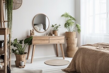 White bedside table and mirror in a pleasant, eco friendly Scandinavian bedroom. Minimalism. Generative AI