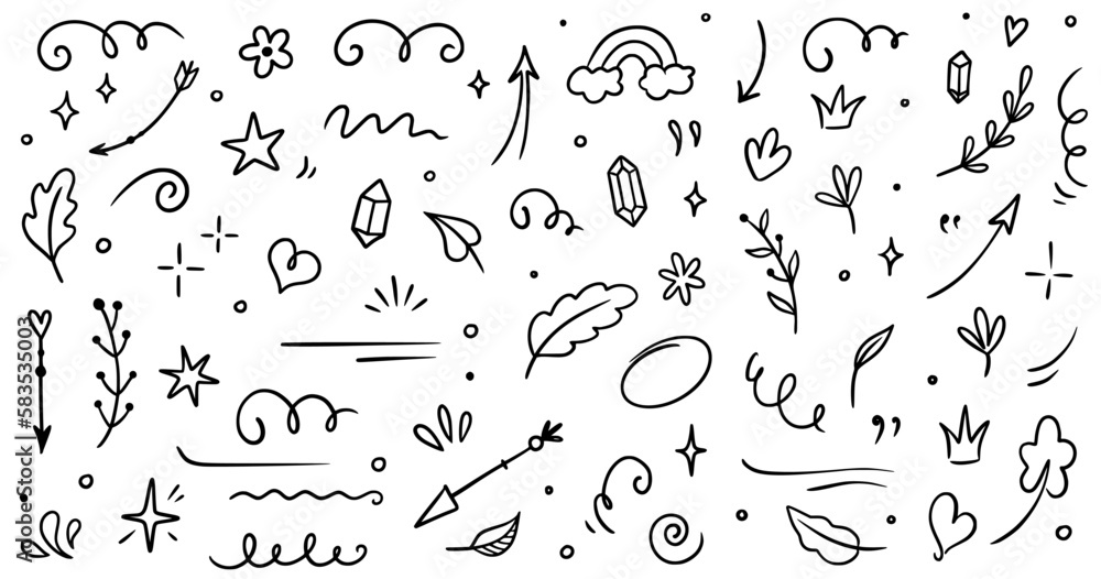 Aufkleber Sketch element line set. Abstract nature element decoration graphic icon set. Sketch hand drawn line element for brush, abstract decoration design. Vector illustration
