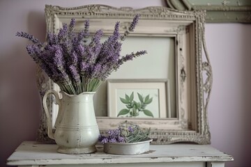 Farmhouse interior design in the shabby chic style. On a vintage shelf above a pastel wall, there is lavender in a pitcher and a blank picture frame. Provence interior design. Generative AI