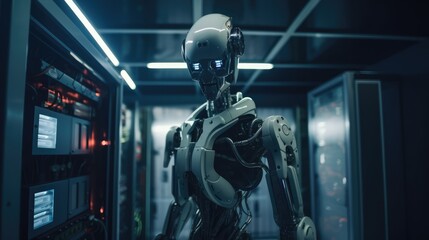 Robot in a data security center doing work, made with generative ai