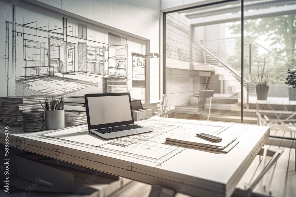 Aufkleber desktop concept for an architect or designer with a laptop and tablet on a wooden desk and a screen 
