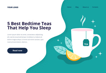 Natural herbal tea for better sleep. Relaxation, healthy sleep concept. Vector flat illustration for web banners or landing page.