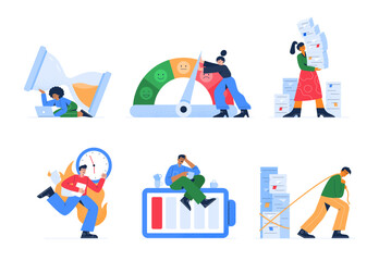Fototapeta premium Set of tired employees. Men and women try to deal with work. Stress in the office. Emotion exhaustion and burnout at work. Vector flat illustrations isolated on the white background.