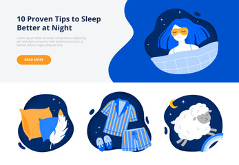 Sleep better tips. Soft blanket, face mask, comfortable pillows and pajamas. Trendy flat vector illustrations for web banner or landing page.