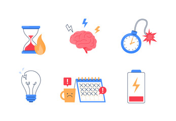 Set of stress icons. Deadline, stress at work, a low energy level for tasks, and creativity. Vector flat illustrations isolated on white background.