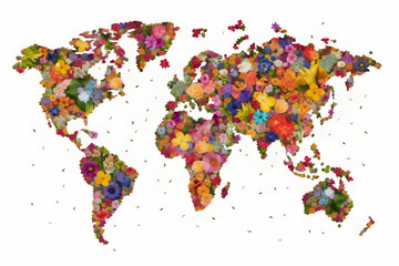 World map made of flowers on a white background with petals. Generative AI.