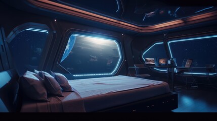 Obraz na płótnie Canvas Bedroom in a spaceship, made with generated ai