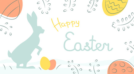 Easter holiday banner with rabbit silhouette, colored and decorated eggs and text lettering, invitation, greeting card.
