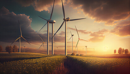 Wind turbines in a field. Alternative energy source. Generative Ai