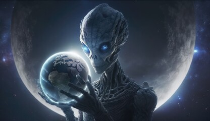 Alien holding planet earth in hands, made with generative ai