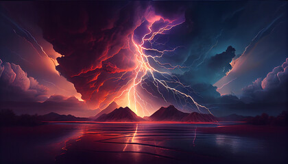Thunderstorm and lightning in the sky. Generative Ai