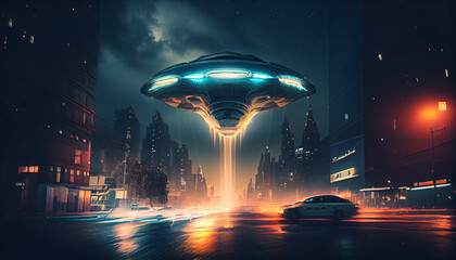 Flying alien saucer. Beautiful view. Generative Ai