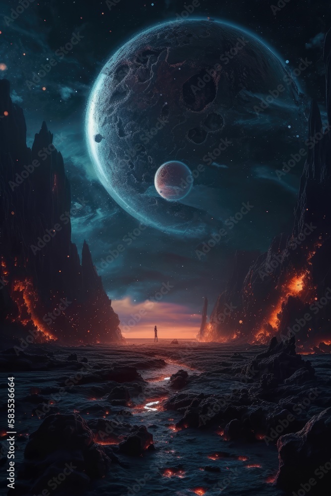 Wall mural exploring a alien world on another planet, made with generative ai
