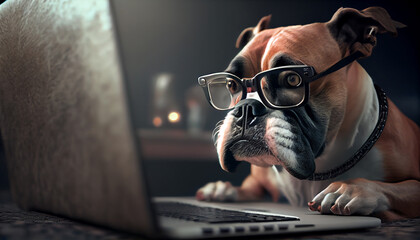 Dog in glasses working on laptop. Generative Ai