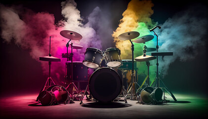 Drum kit with smoke. Generative Ai - obrazy, fototapety, plakaty