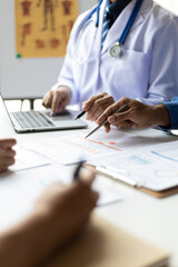 Team, medical analysts and doctors consulting with paperwork of graphs, data and charts in hospital conference room. Healthcare staff discussing statistics, results of research and innovation.