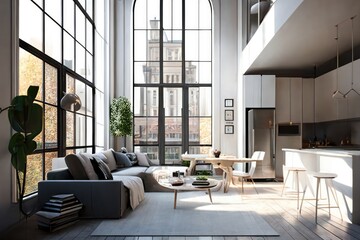 Modern light apartment with big windows and open space. Generative AI