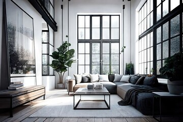 Obraz premium Modern light apartment with big windows and open space. Generative AI