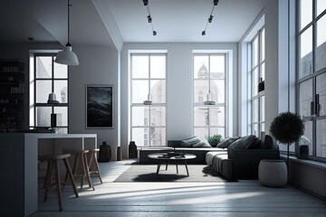 Modern light apartment with big windows and open space. Generative AI