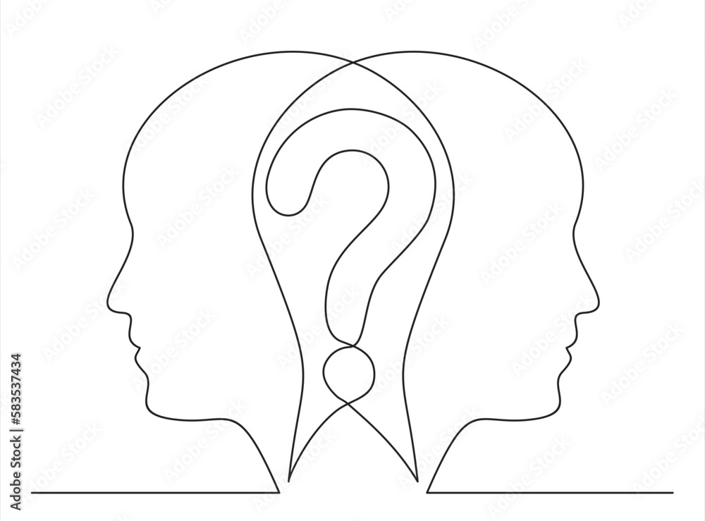 Poster the heads of a men with a question mark. faq is drawn by a single black line on a white background. 