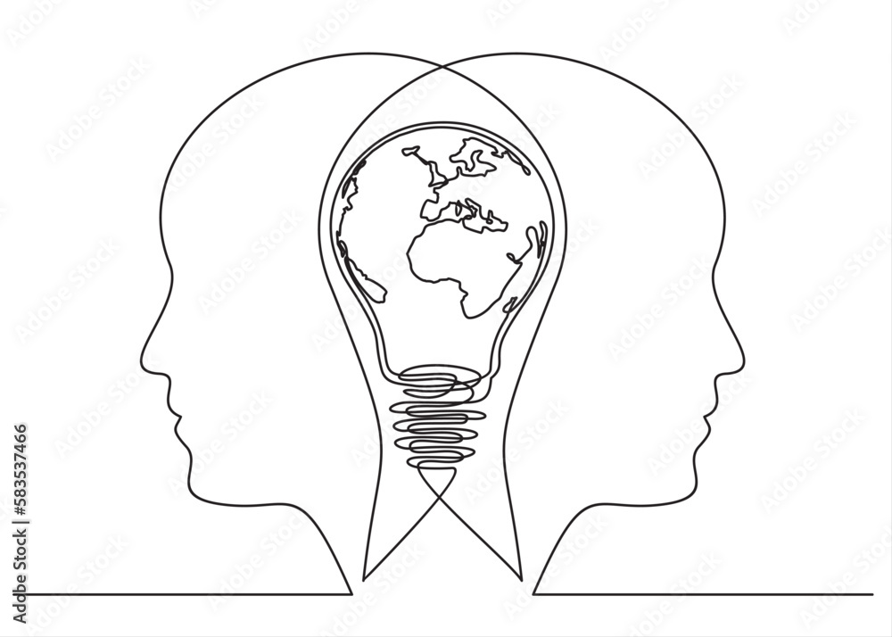 Aufkleber earth globe inside lightbulb thoughts in heads in one continuous line drawing. vector concept of eco