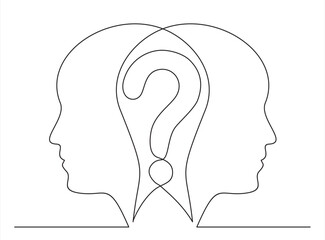 The heads of a men with a question mark. FAQ is drawn by a single black line on a white background. Continuous line drawing. Vector illustration.