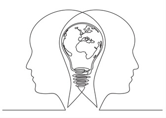 Earth globe inside lightbulb  thoughts  in  heads  in one continuous line drawing. Vector Concept of Eco innovation, idea of green energy and global solution with electricity in simple doodle 