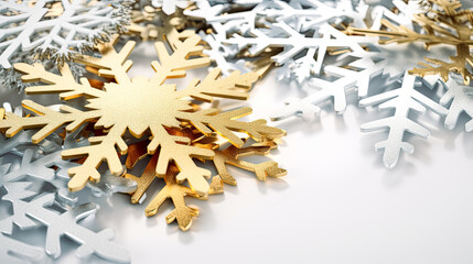 Silver and gold Snowflake texture on white background Generative Ai.  winter, holiday, festive, seasonal, Christmas. 
