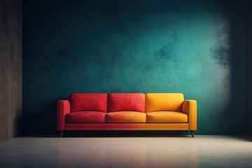 Colorful contemporary couch against an empty wall. Generative AI