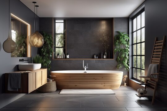 View from the side of a bathroom with a rectangular bathtub, a dark gray wall, and a wooden sink. Mock up of a pleasant home concept. Generative AI