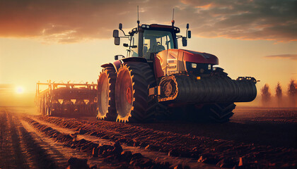 Fototapeta premium Tractor plowing the field. Generative Ai
