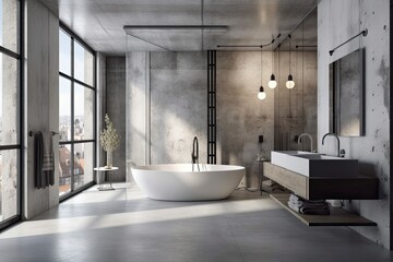 Naklejka na ściany i meble Idea for a concrete panoramic bathroom. A white bathtub, a sink, and concrete walls and floors. Model of a shower stall. Generative AI