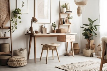 Fototapeta na wymiar Bohemian living room decor in a neutral tone with a chic desk, chair, light, plant, decorations, office supplies, clock, copy space, notes, and personal items. Template. Generative AI