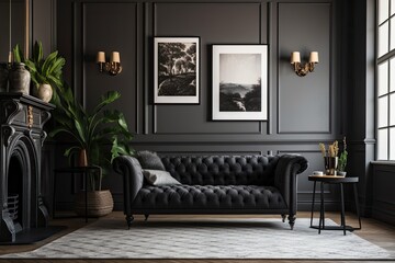 Classic black Scandinavian decor with a couch, stove, fireplace, and carpet. mock up for an illustration. Generative AI