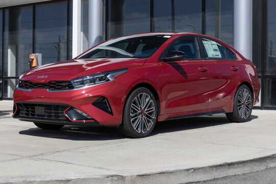Kia Forte display at a dealership. Kia offers the Forte in LX, LXS, GT and GT-Line models.