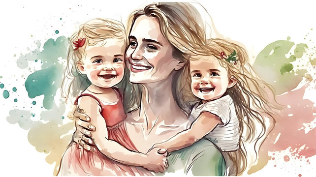 a portrait  of a mother and her two daughters  ,watercolor style illustration for mother's day -AI Generative 
