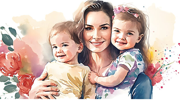 beautiful mother whith her children watercolor portrait style -AI Generative 