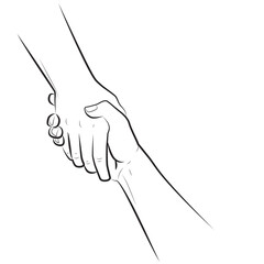 Continuous line drawing Helping hand concept. Gesture, sign of help and hope. Two hands taking each other. Isolated illustration on white background.