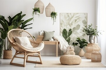 A chic and neutral composition of a summer themed house interior with a rattan armchair, a mock up poster frame, a coffee table, a book, a tray, and decorations. Generative AI