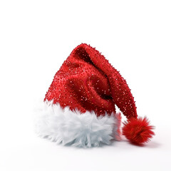 Red Santa hat on white background. Generative Ai. Holiday Hat, celebration, party, fun, cheerful, merry, jolly, happiness.
